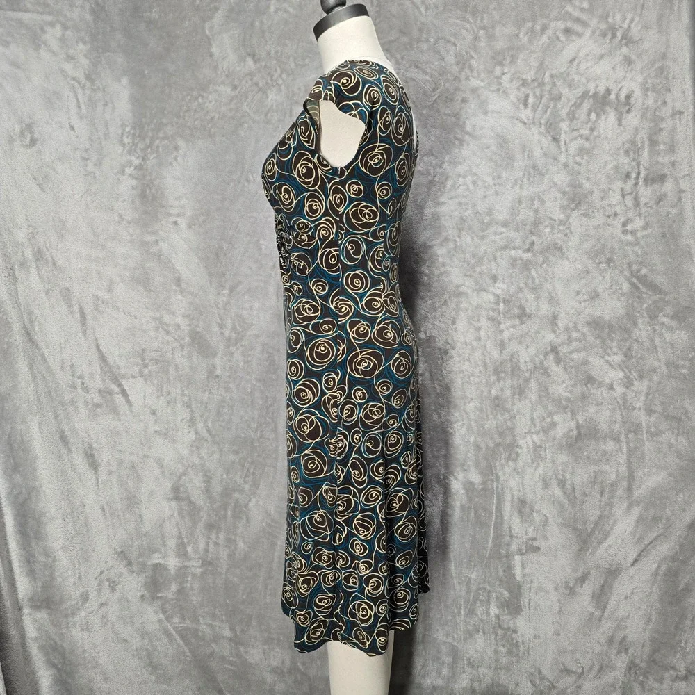 Vtg London Times Sheath Dress Women 6 Brown Abstract Swirl Ruched V-Neck Y2K Mod